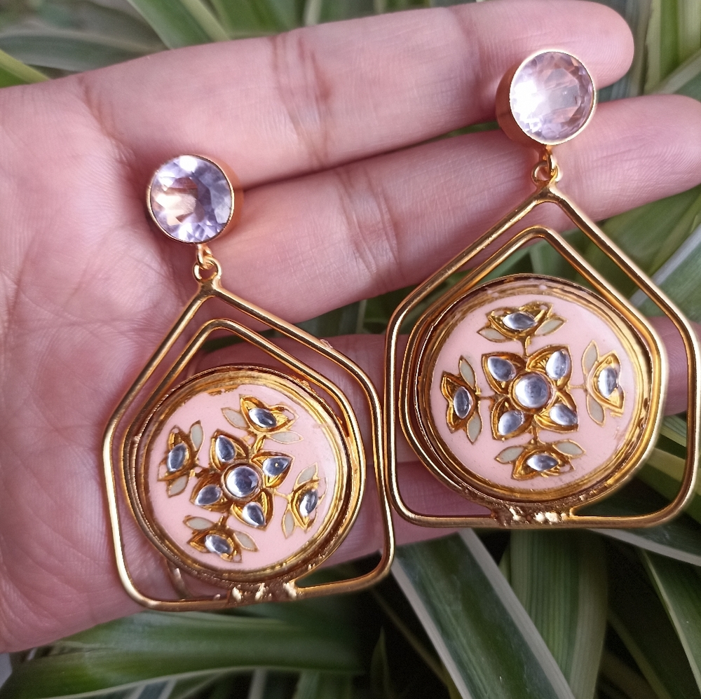 Handmade gold platted stone studded enameled drop earrings - Picture 4 of 10